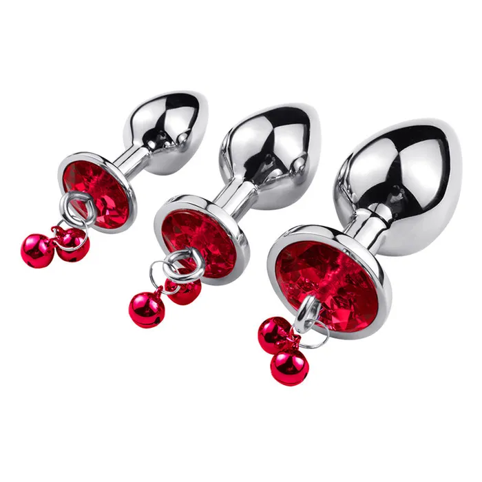 Male Sex Toys RY RY Round Shape Crystal Jewelled Stainless Steel Anal Plug with Bell Leash Red SML