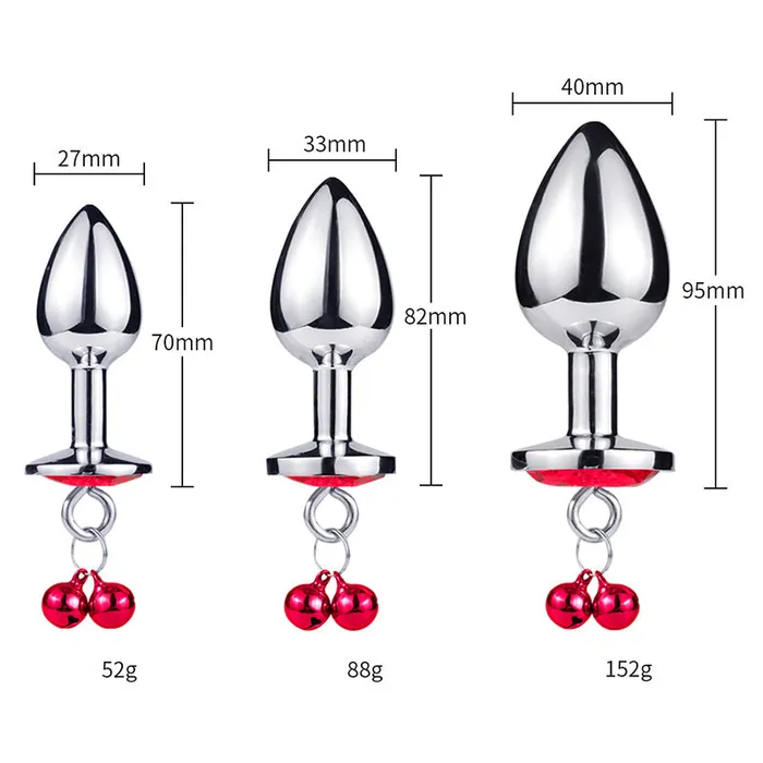 Male Sex Toys RY RY Round Shape Crystal Jewelled Stainless Steel Anal Plug with Bell Leash Red SML