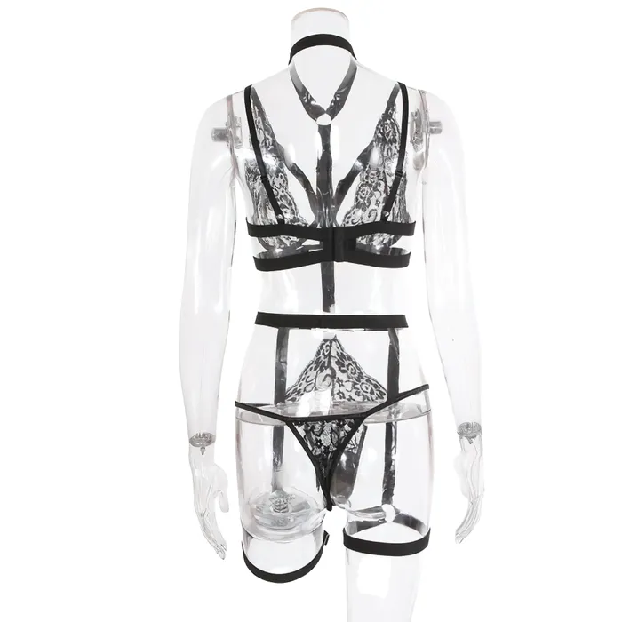 EVEs SECRETS Female Sex Toys Sexy Lingerie Hollow Out Brief Sets With Garters Womens Black Seamless Bra Set with Underwire