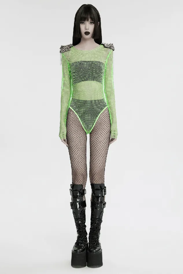 Neon Mesh Bodysuit with Removable Spiked Shoulder Patches EVEs SECRETS Female Sex Toys