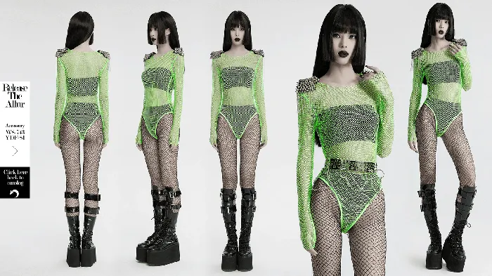 Neon Mesh Bodysuit with Removable Spiked Shoulder Patches EVEs SECRETS Female Sex Toys