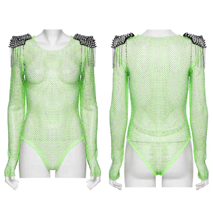 Neon Mesh Bodysuit with Removable Spiked Shoulder Patches EVEs SECRETS Female Sex Toys