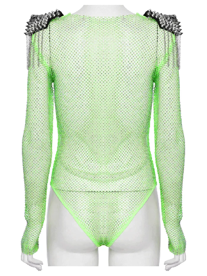 Neon Mesh Bodysuit with Removable Spiked Shoulder Patches EVEs SECRETS Female Sex Toys