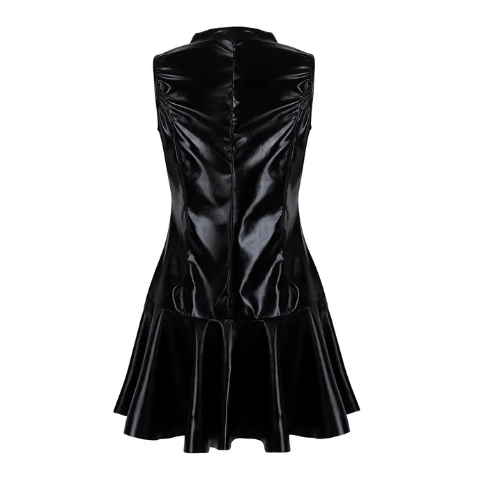 Women Cocktail Dress in Black Wetlook Babydoll PU Leather High Collar Bottom Dress EVEs SECRETS Restraints